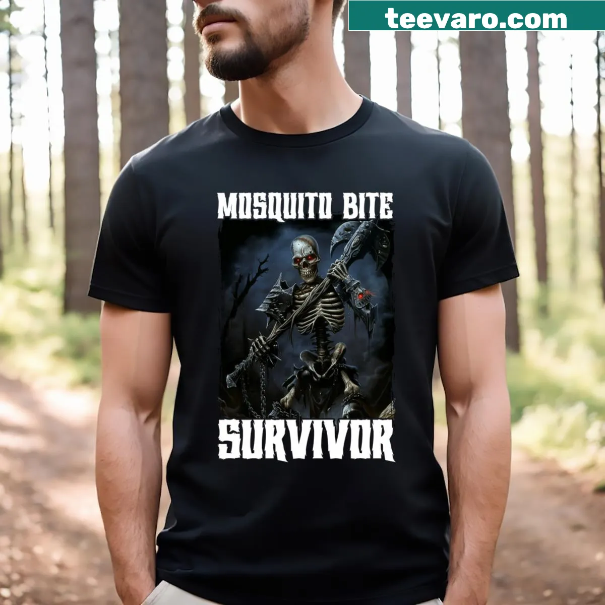 Skeleton graphic with humorous mosquito bite survivor text — on a men's t-shirt