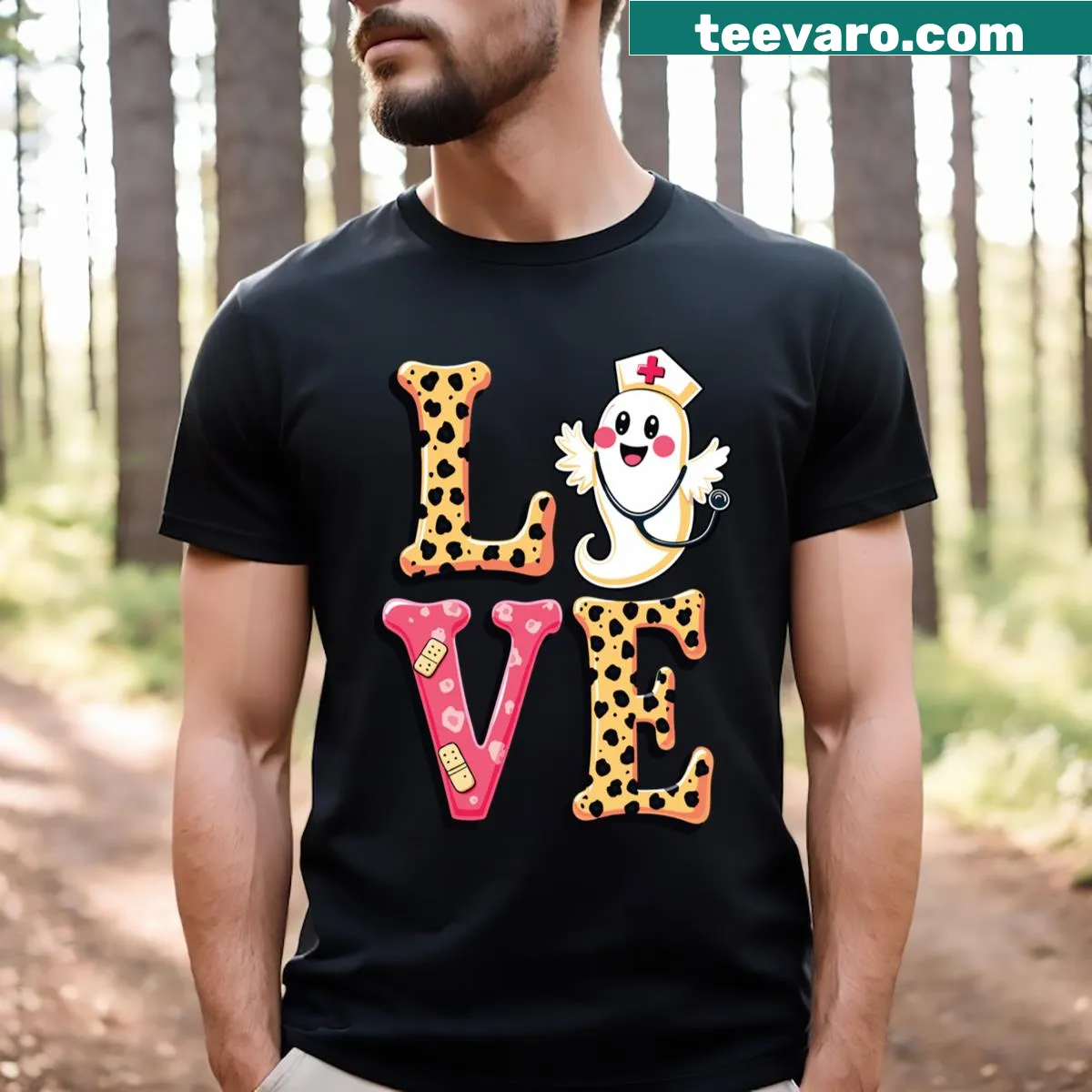 Halloween-themed shirt with ghost graphic and 'Boo Love' text — on a men's t-shirt