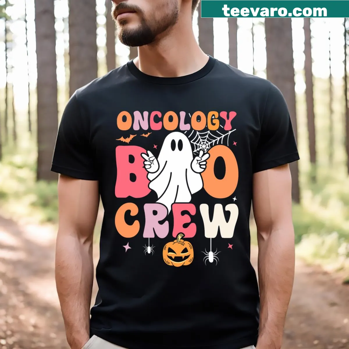 Funny ghost graphic with 'Oncology Boo Crew' text for nurses — on a men's t-shirt