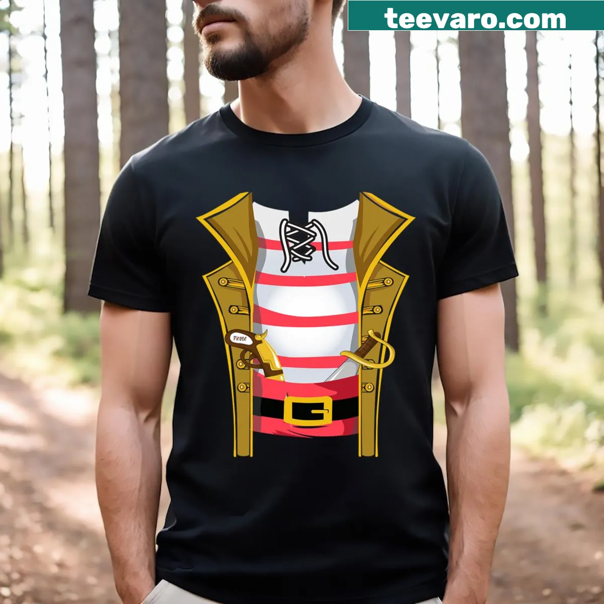 Whimsical pirate graphic for Caribbean-themed T-shirt — on a men's t-shirt