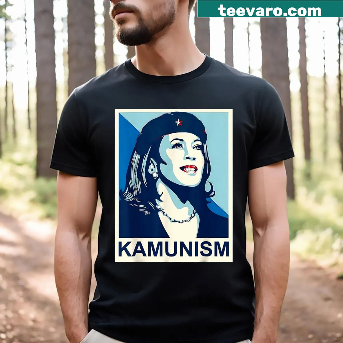 T-shirt with graphic of Kamala Harris and 'Portrait Kamunism' text — on a men's t-shirt