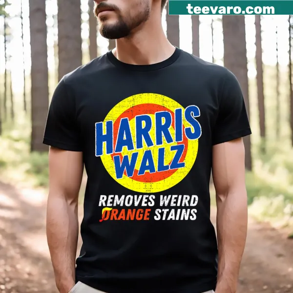 Whimsical t-shirt with a humorous phrase about orange stains