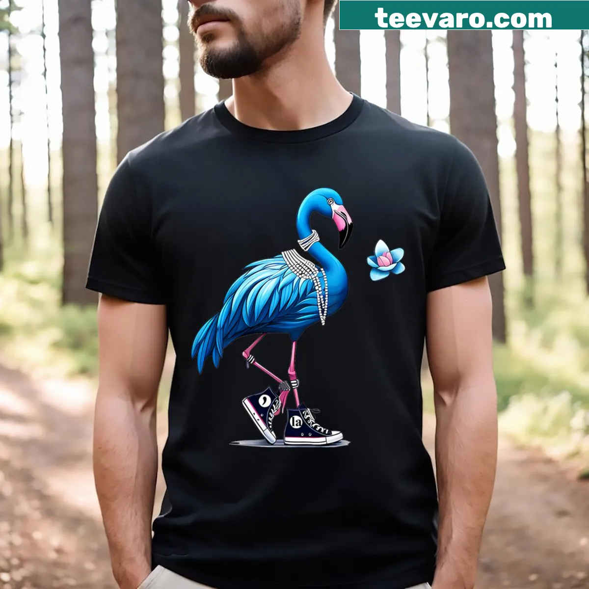 Vintage-style T-shirt featuring flamingos and pearls with Kamala Harris 2024 — on a men's t-shirt
