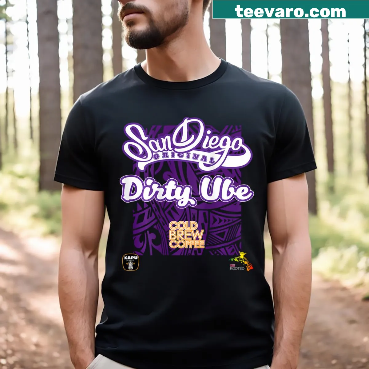 Illustrative graphic of 'Dirty Ube' dessert on a t-shirt — on a men's t-shirt