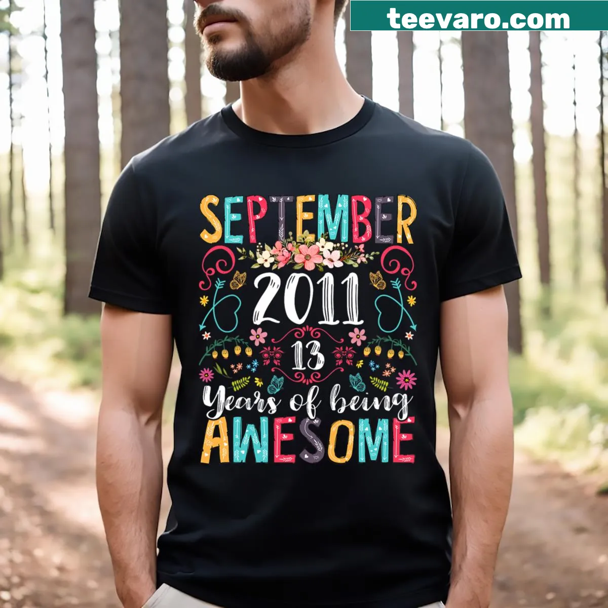 Whimsical floral design for a September girl celebrating 13th birthday — on a men's t-shirt