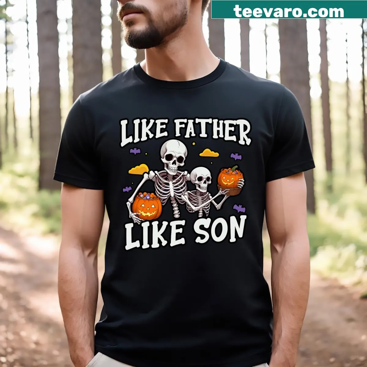 Matching father-son skeleton Halloween T-shirts — on a men's t-shirt