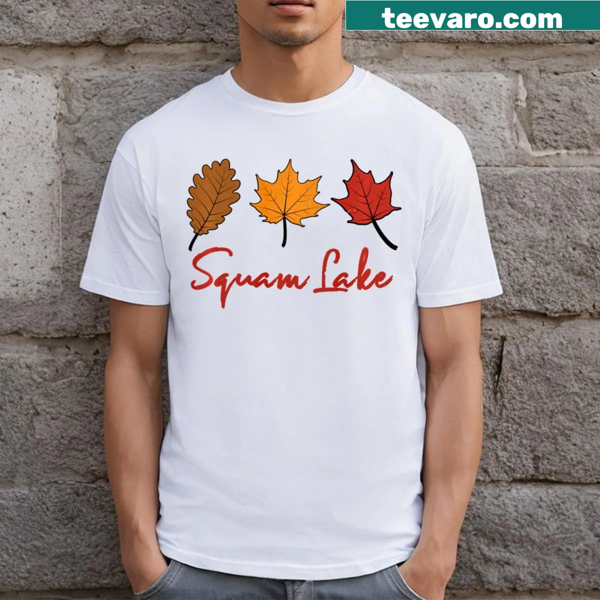 Rustic fall leaves design featuring maple and oak foliage — on a men's t-shirt