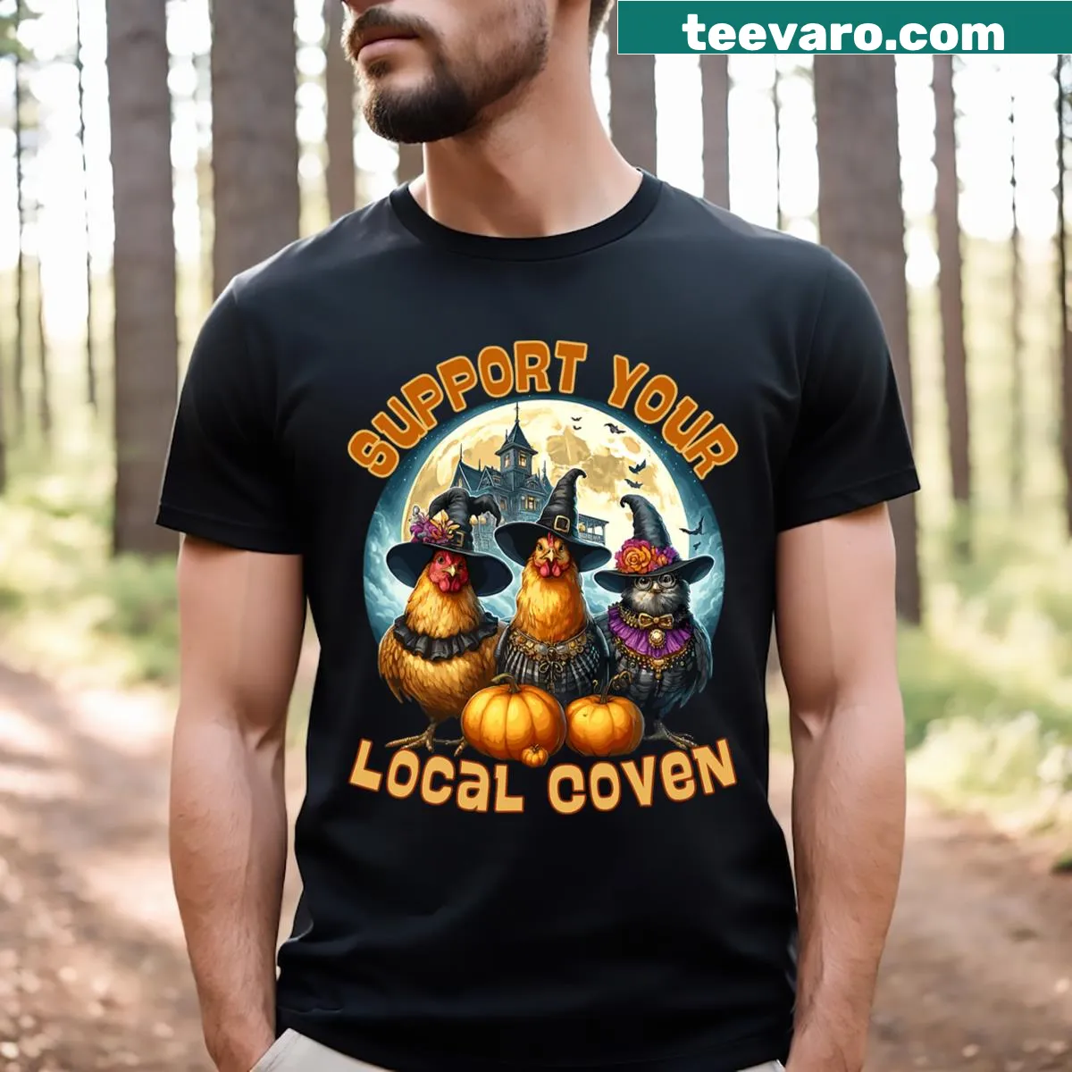 Funny Halloween T-shirt featuring a chicken in witch attire — on a men's t-shirt