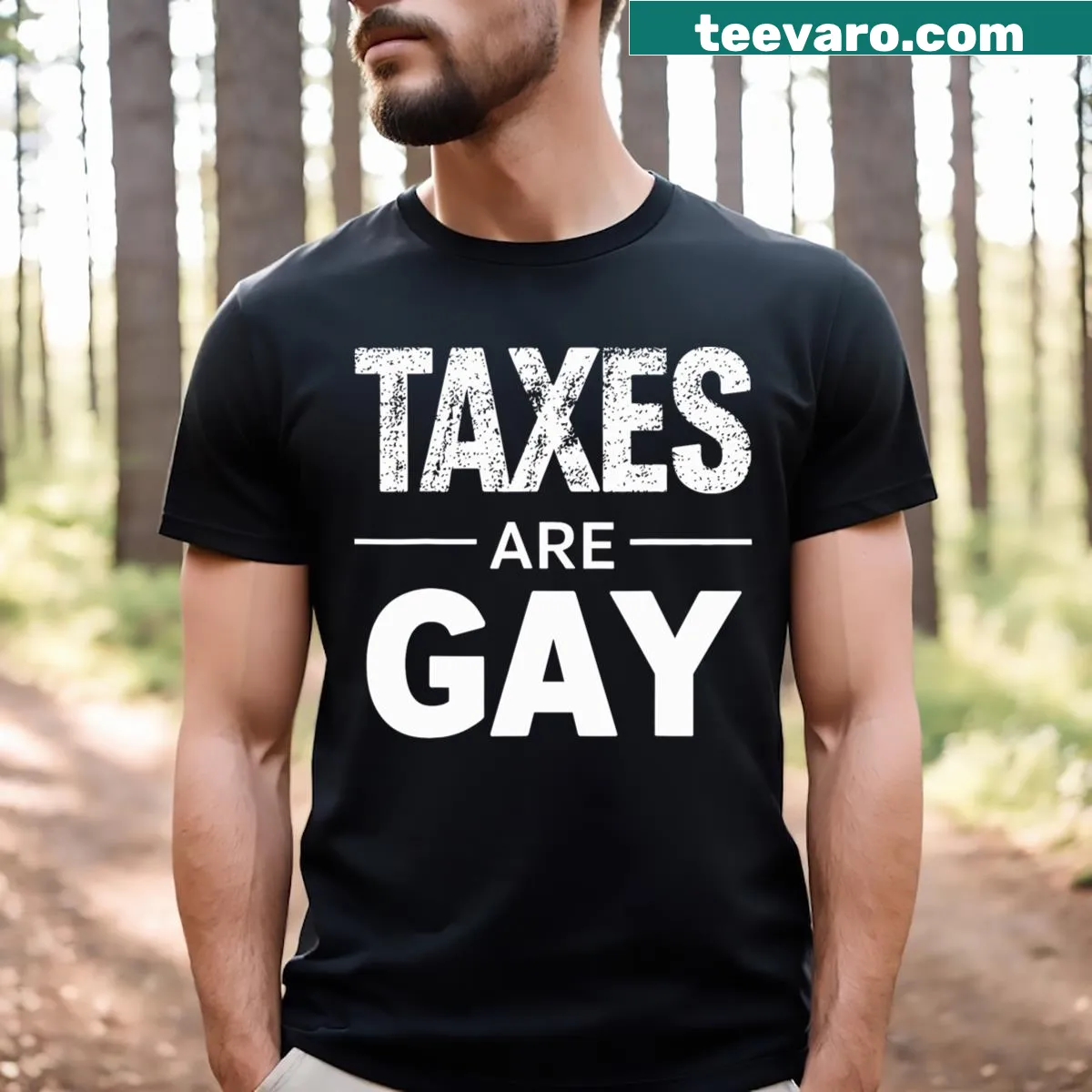 Sarcastic T-shirt with the humorous phrase 'Taxes Are Gay' printed boldly — on a men's t-shirt