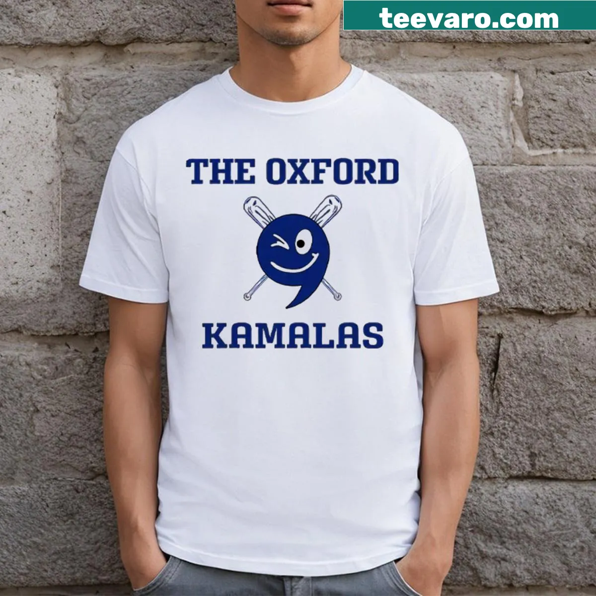 T-shirt featuring the phrase 'The Oxford Kamalas' in bold typography — on a men's t-shirt