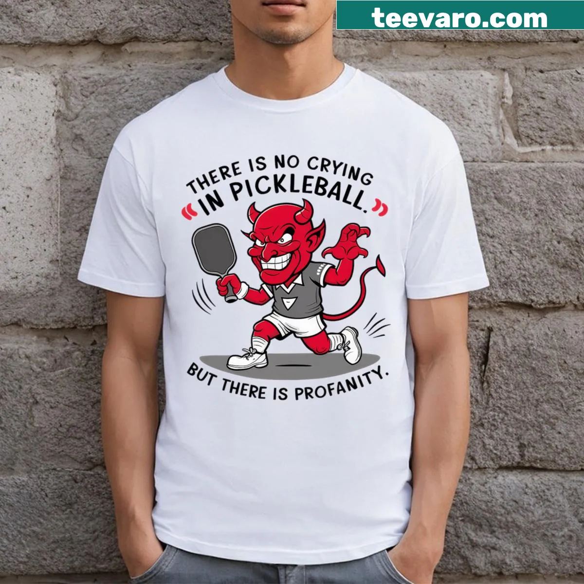 Witty T-shirt featuring the phrase about pickleball and profanity — on a men's t-shirt