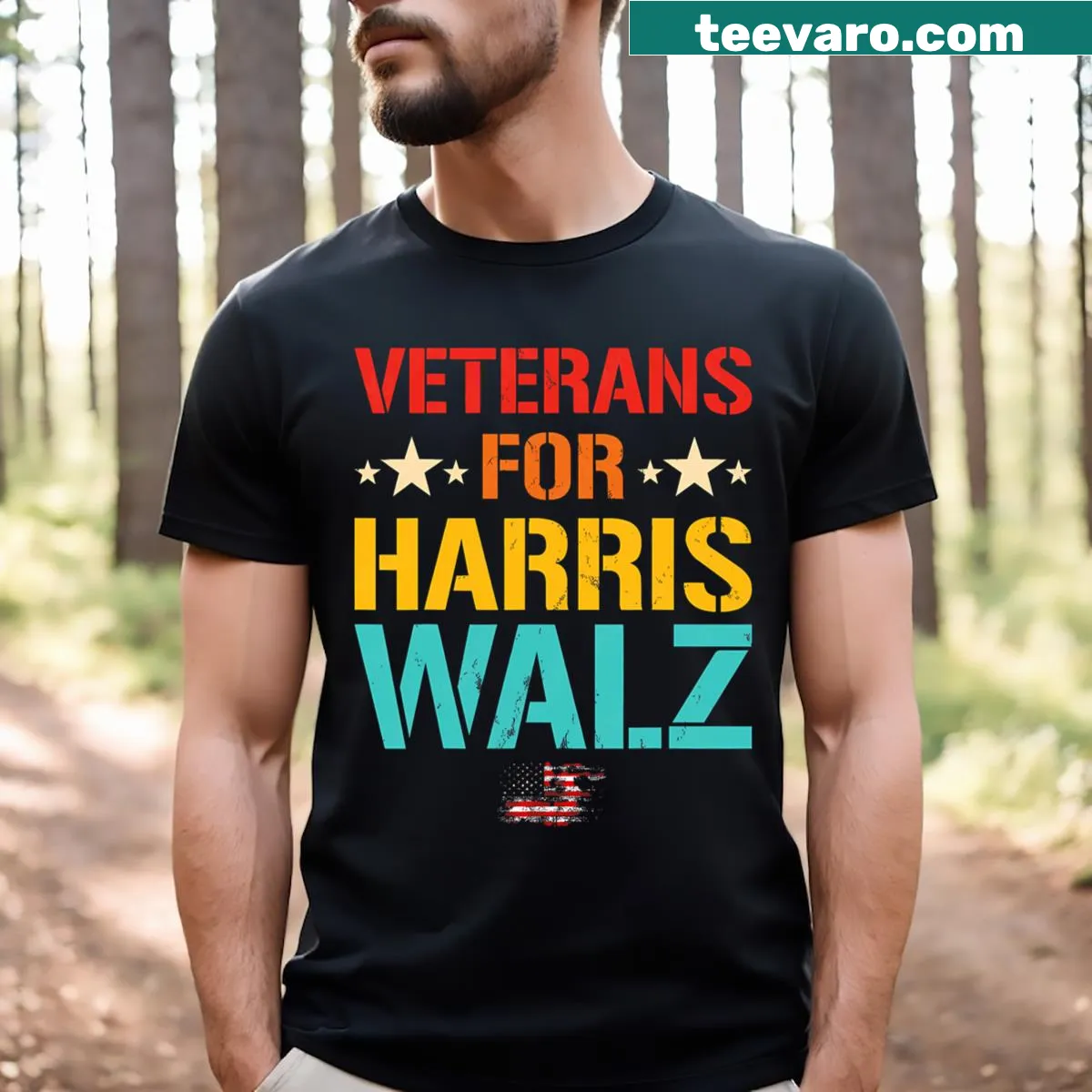 T-shirt featuring the USA flag and text honoring veterans — on a men's t-shirt