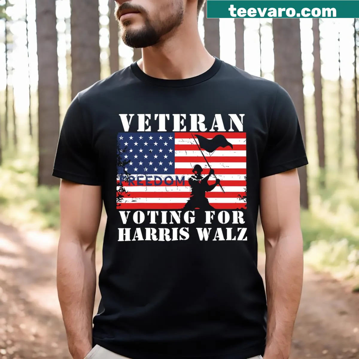 Distressed vintage Veteran Freedom shirt with USA flag and text about voting. — on a men's t-shirt