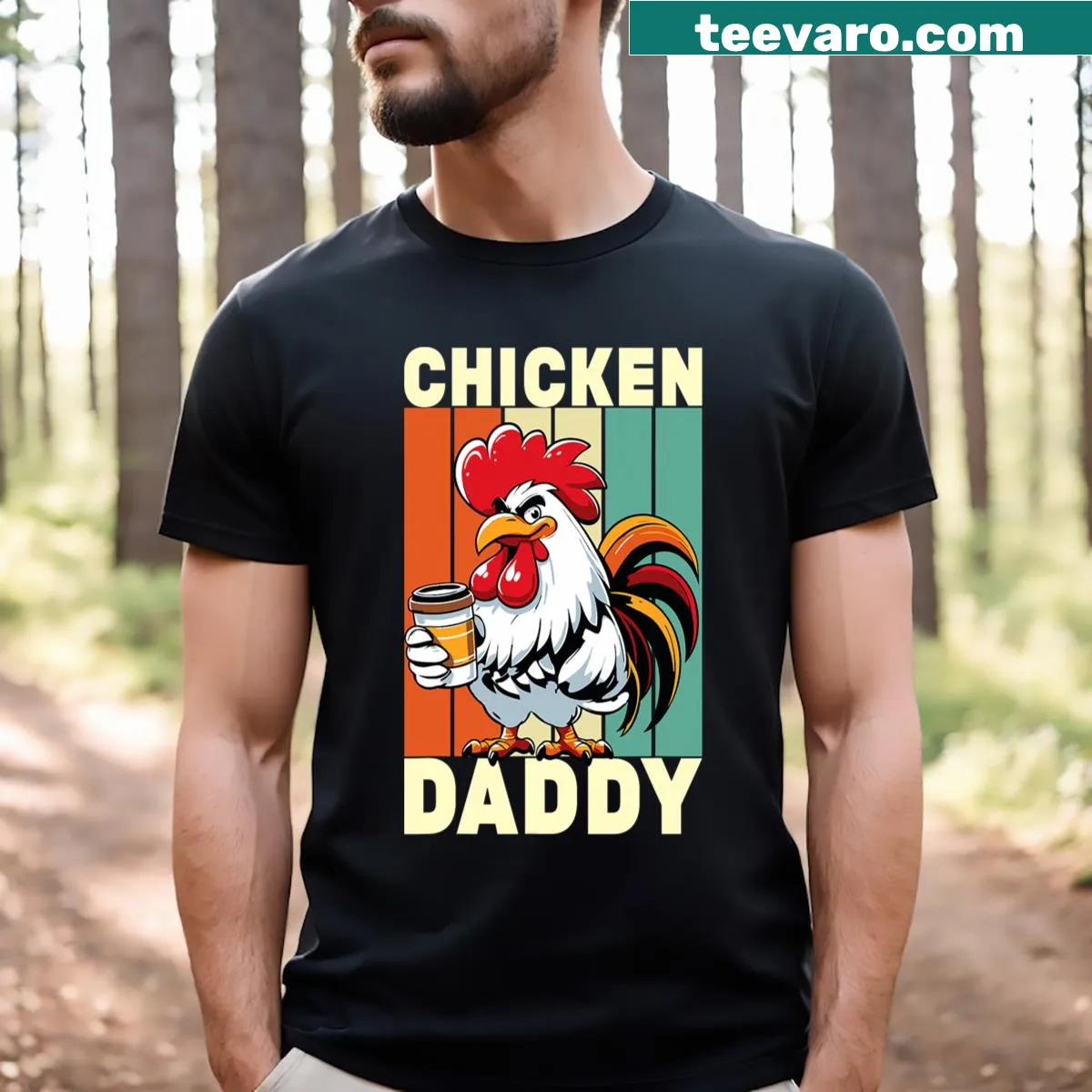 Vintage-style tee with a rooster illustration and coffee theme — on a men's t-shirt