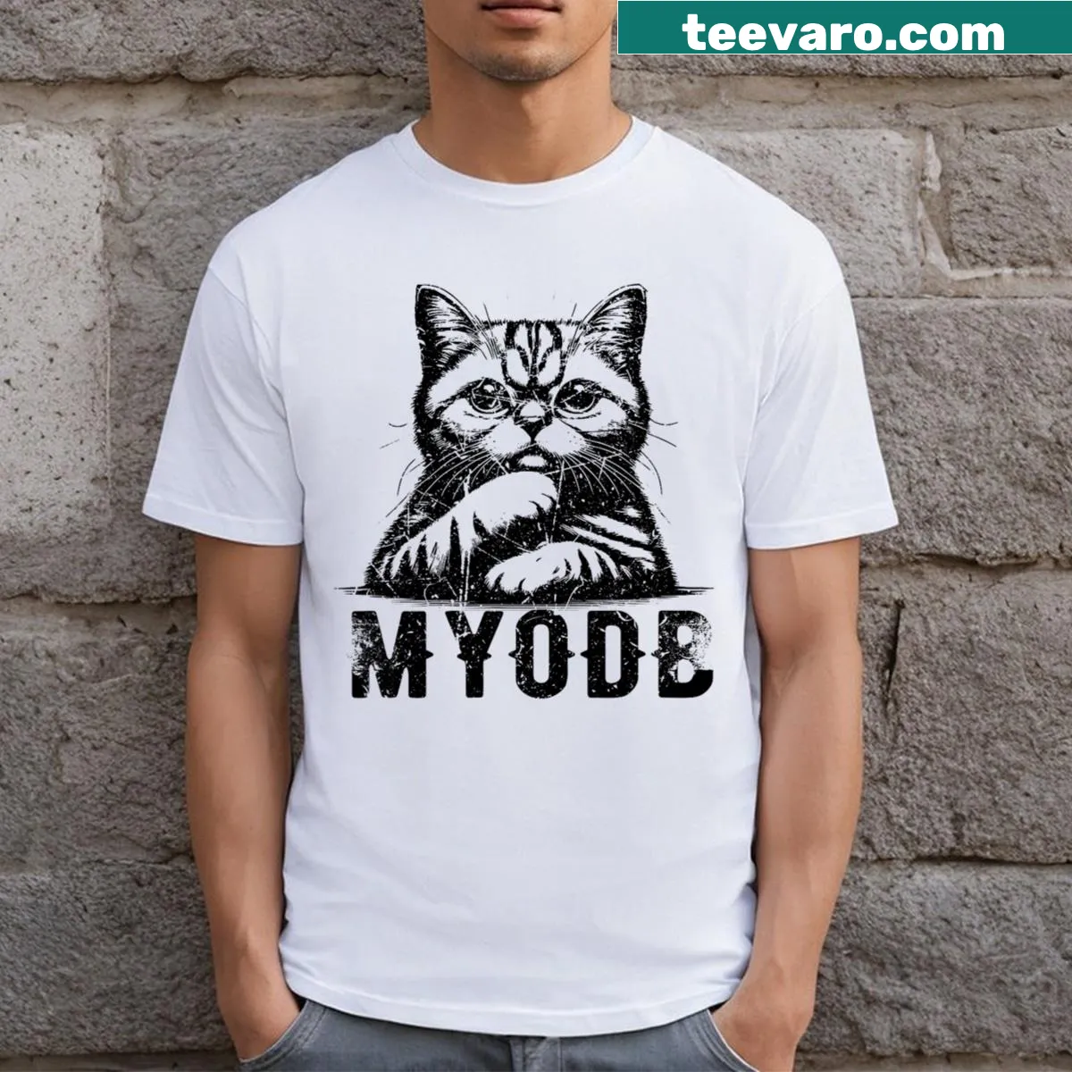 Vintage distressed T-shirt with humorous cat-themed text — on a men's t-shirt