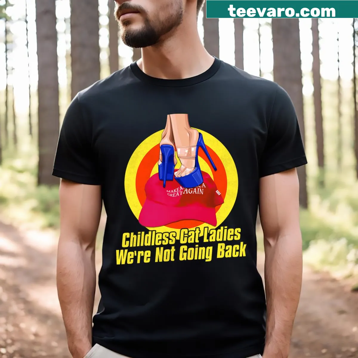 Edgy vintage political t-shirt with graphic of heels on red MAGA. — on a men's t-shirt