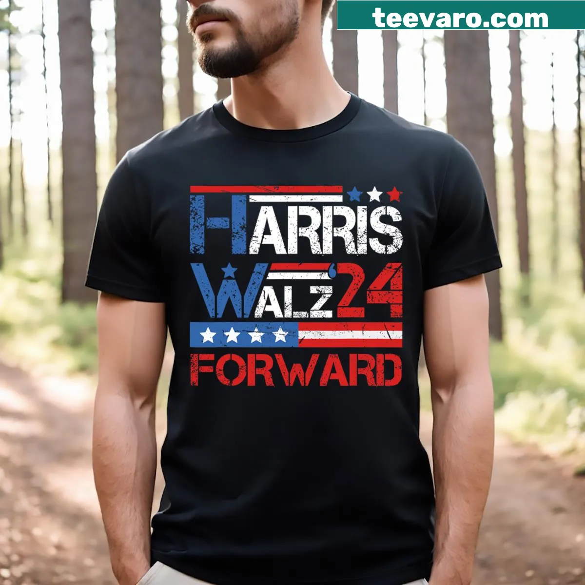 Playful T-shirt with whimsical typography 'Waltz Harriswaltz Forward' — on a men's t-shirt
