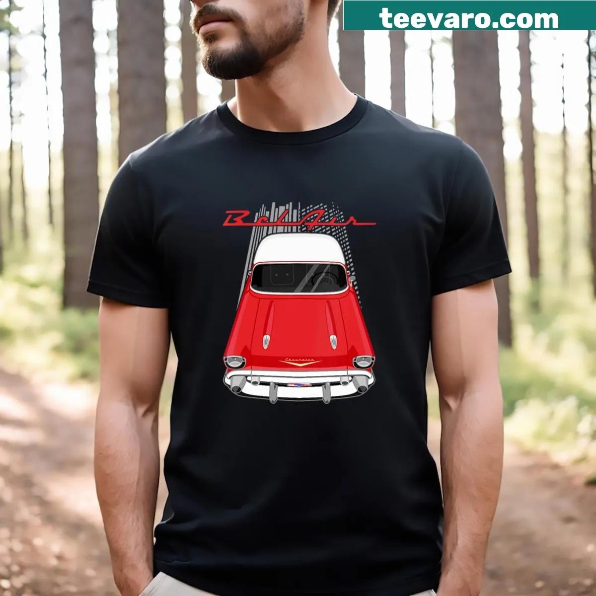 Vintage-style T-shirt featuring a 1957 Chevy Bel Air graphic — on a men's t-shirt