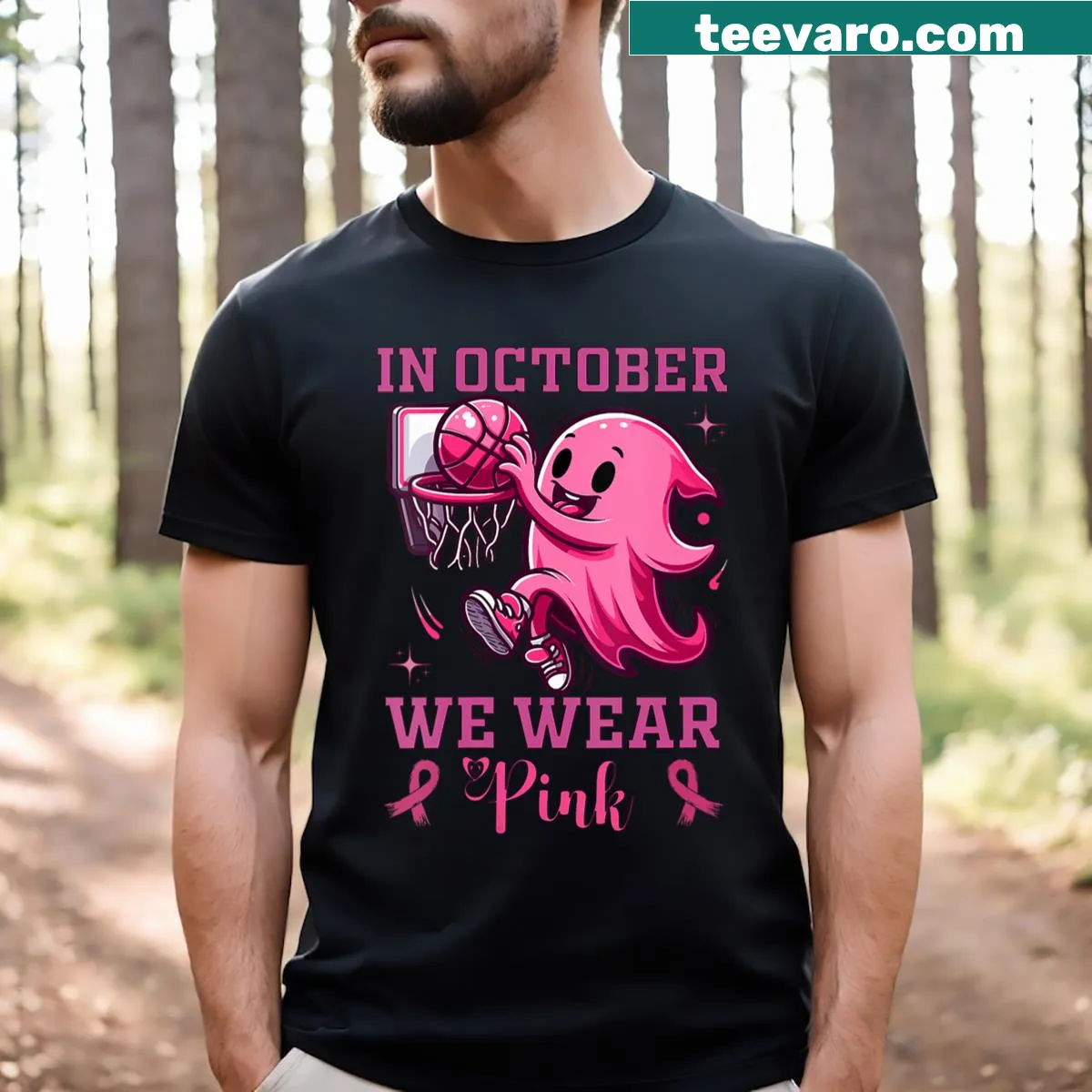 Ghost dunking a basketball for breast cancer awareness — on a men's t-shirt