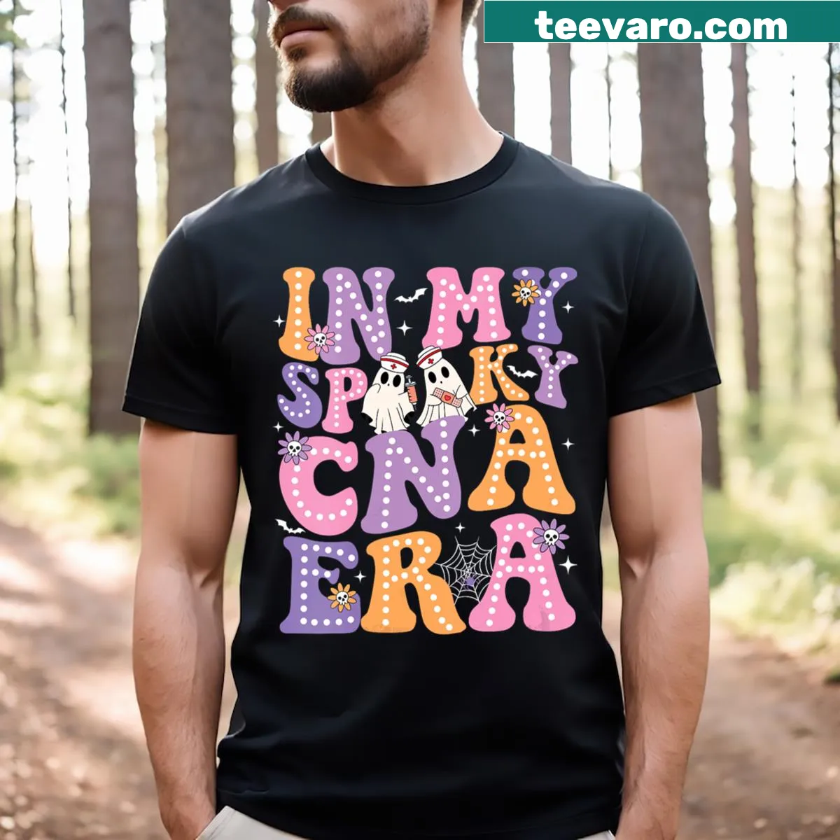 Ghost nurse graphic with 'In My Spooky CNA Era' text — on a men's t-shirt
