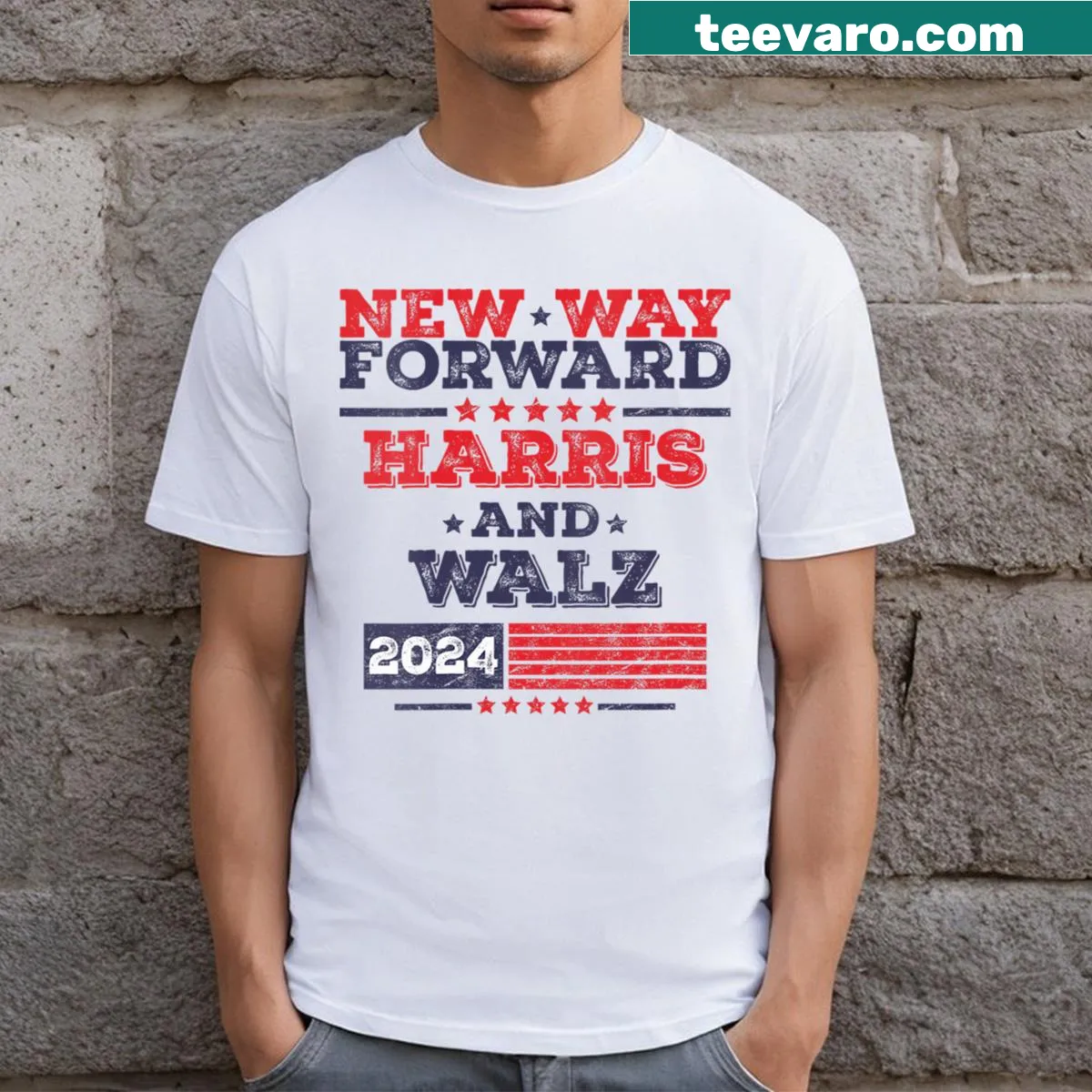 Support for Kamala Harris and Tim Walz 2024 graphic on V-neck t-shirt — on a men's t-shirt