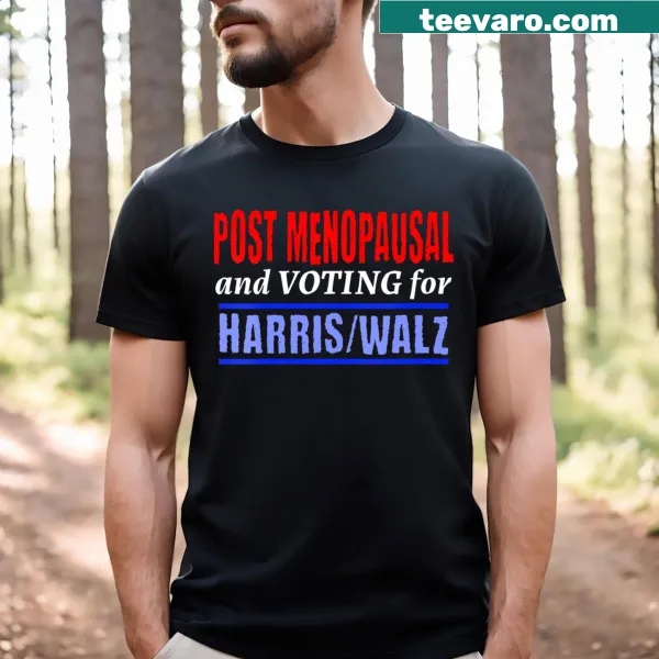 Humorous graphic on post-menopausal voting for Harris on V-neck t-shirt