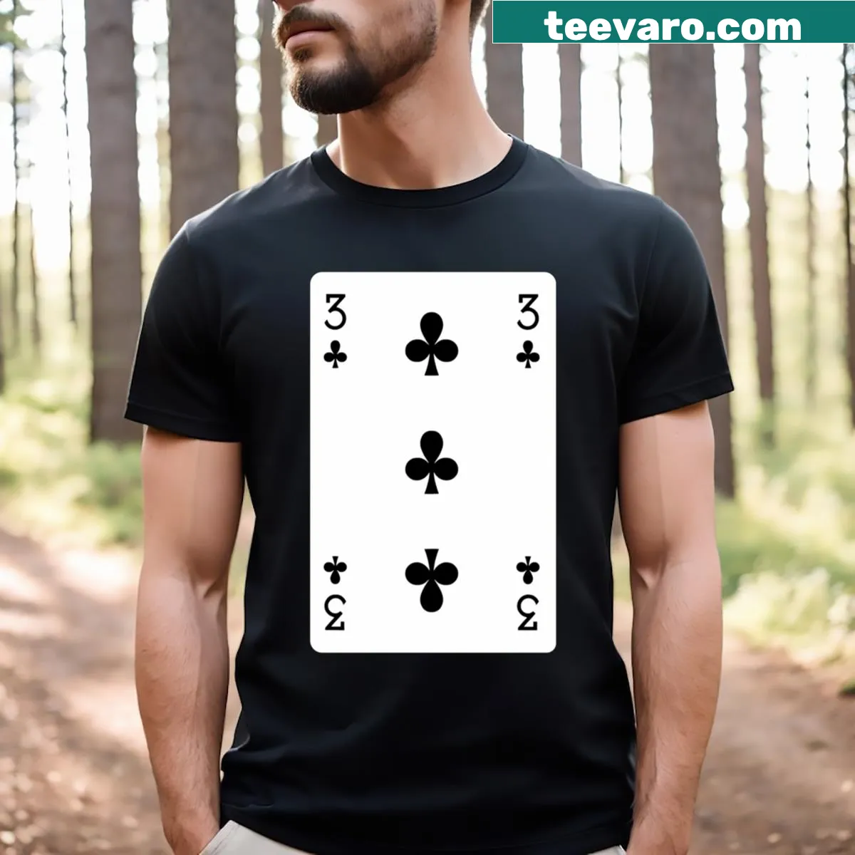 T-shirt featuring a 3 of Clubs playing card graphic — on a men's t-shirt