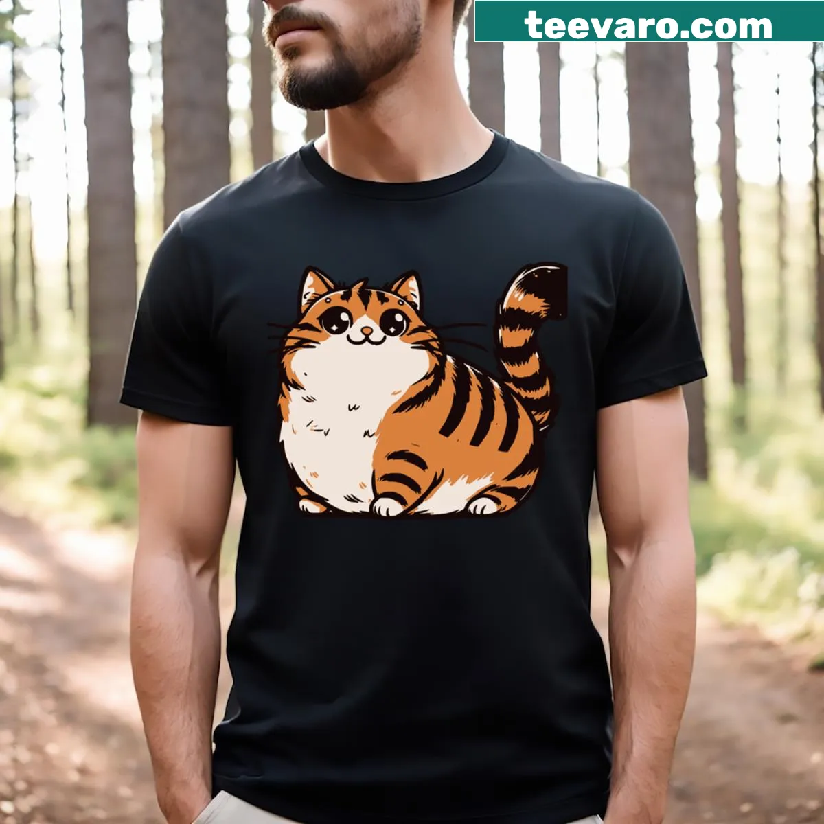 Cute cartoon of a chubby cat on a T-shirt — on a men's t-shirt