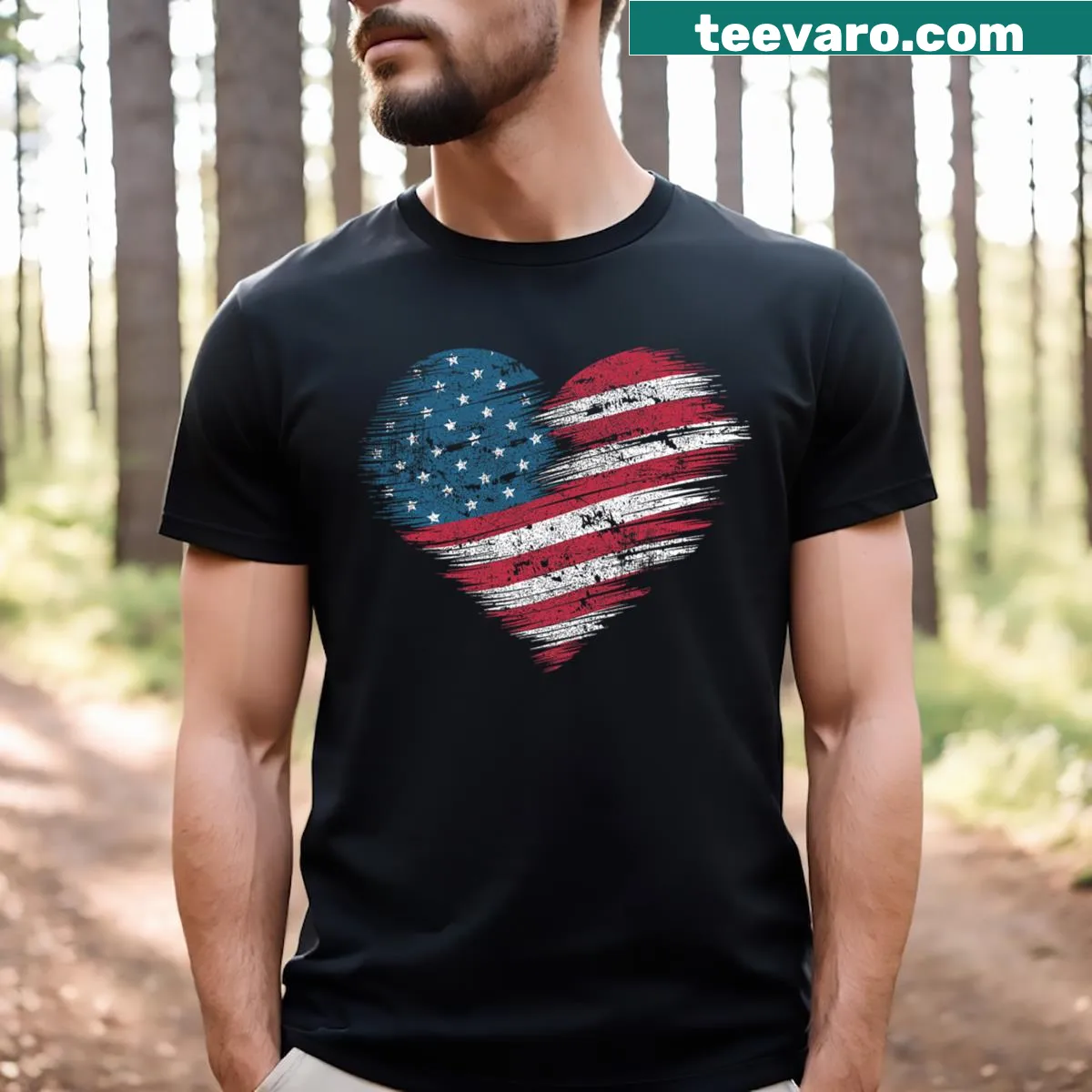 T-shirt with American flag heart design for patriotic celebrations — on a men's t-shirt