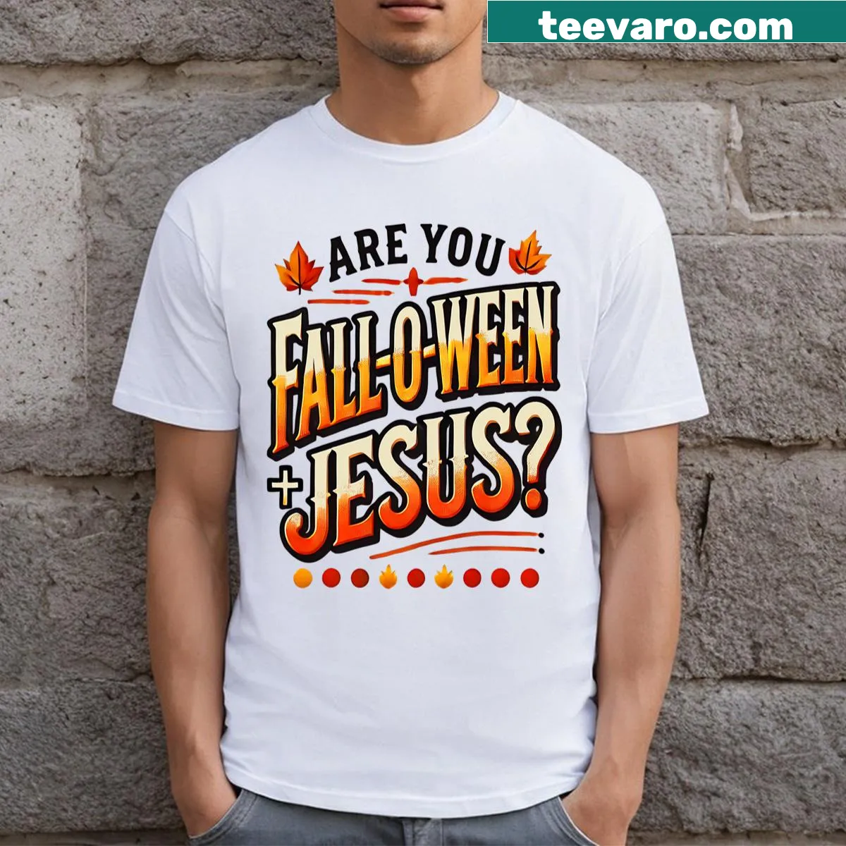 Text graphic of 'Falloween Jesus' on a T-shirt — on a men's t-shirt