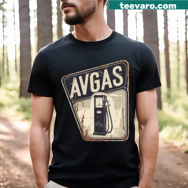 T-shirt featuring a whimsical cartoon design related to Avgas and aviation.