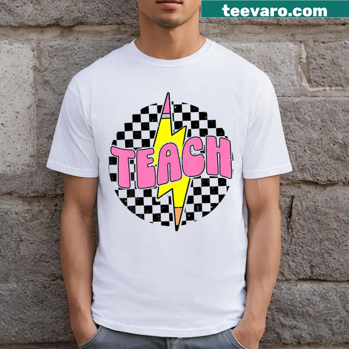 Illustration of a checkered pencil and lightning bolt on a teacher t-shirt — on a men's t-shirt