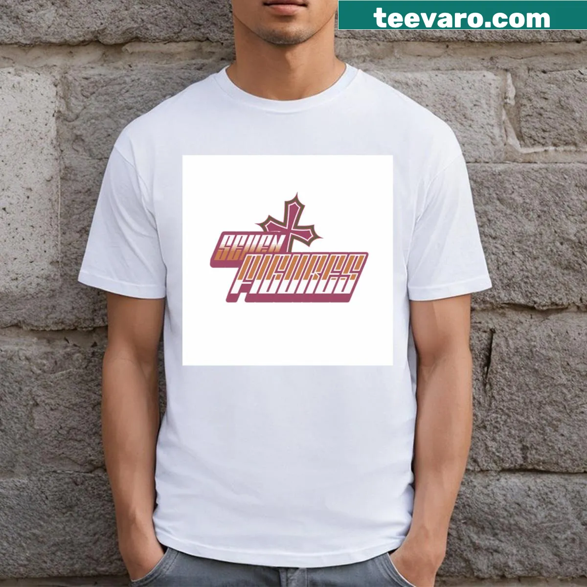 Minimalist typography graphic t-shirt — on a men's t-shirt