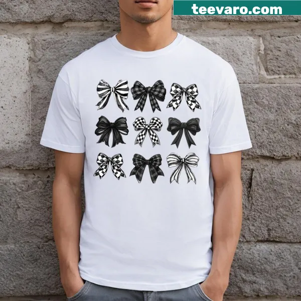 Playful racing-themed t-shirt with checkered bow design