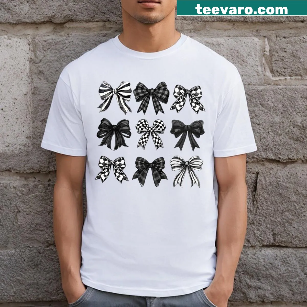 Playful racing-themed t-shirt with checkered bow design — on a men's t-shirt