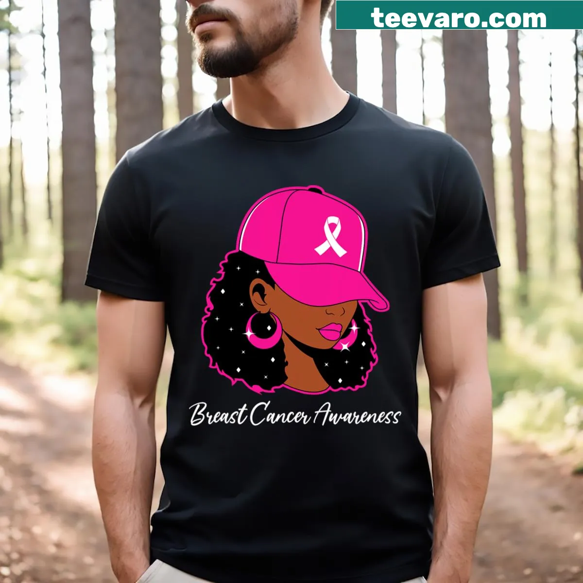 Breast Cancer Awareness shirt with 'Warrior Girls' graphic — on a men's t-shirt