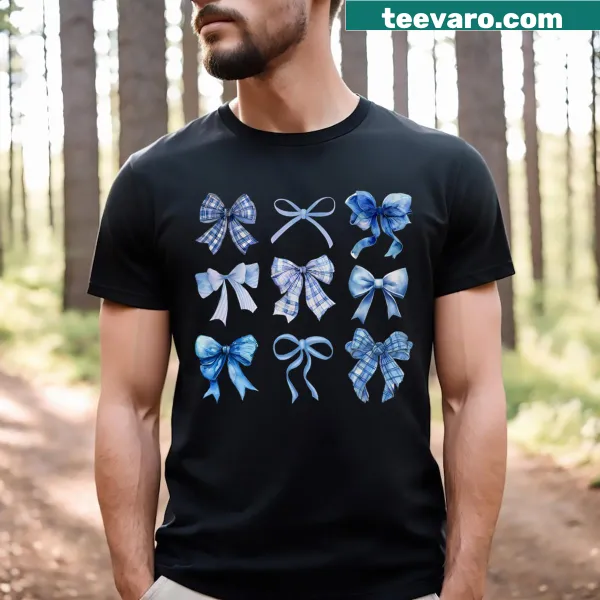 Cute graphic T-shirt featuring a blue bow and ribbon design