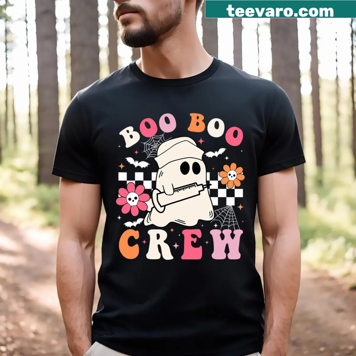 Groovy Halloween T-shirt with 'Boo Crew' graphic for nurses — on a men's t-shirt