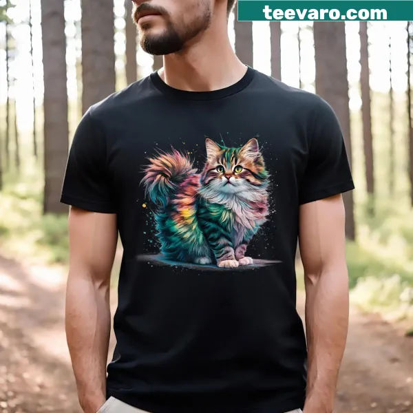 Watercolor cat graphic on a colorful t-shirt