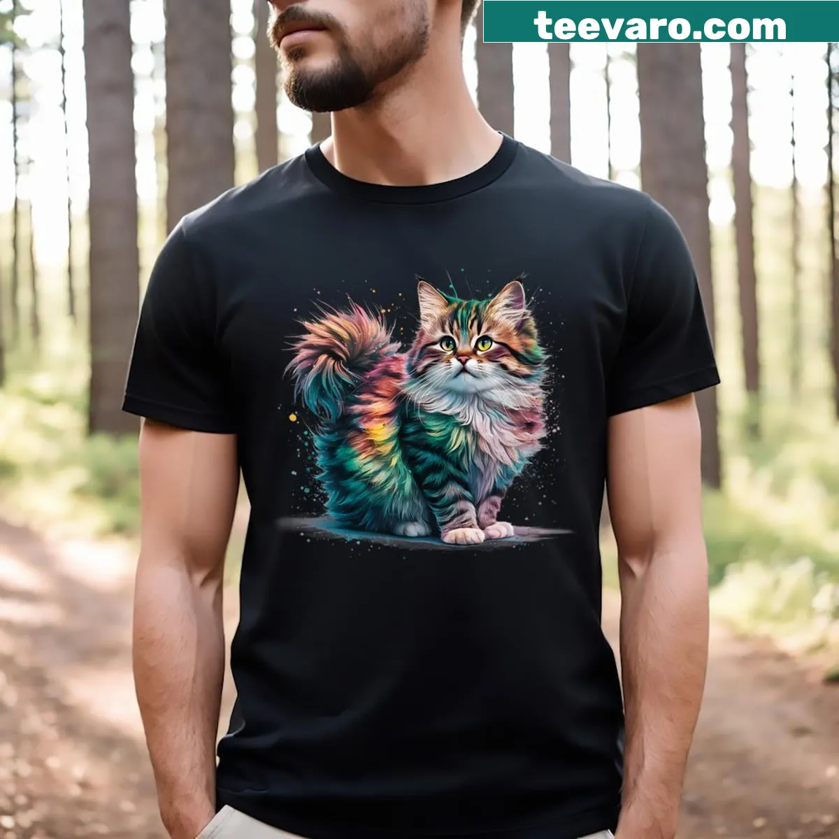 Watercolor cat graphic on a colorful t-shirt — on a men's t-shirt