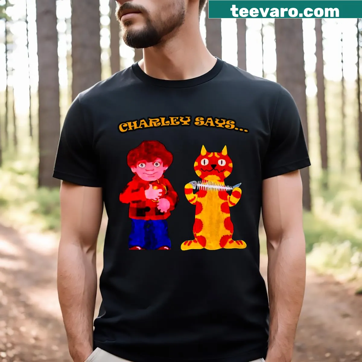 Nostalgic 1970s novelty tee featuring the phrase 'Charley Says Charlie' — on a men's t-shirt