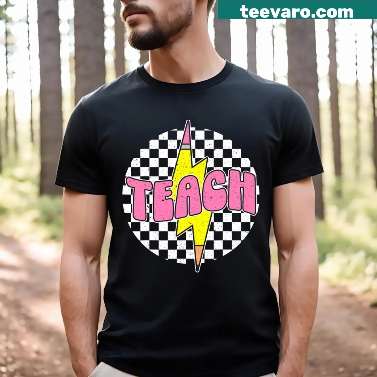 Back to school t-shirt with checkered pencil and lightning bolt graphics — on a men's t-shirt