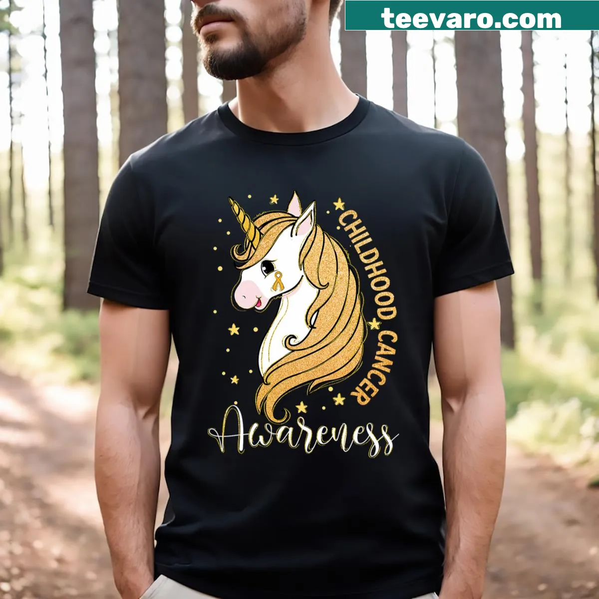 Yellow unicorn graphic promoting childhood cancer awareness. — on a men's t-shirt