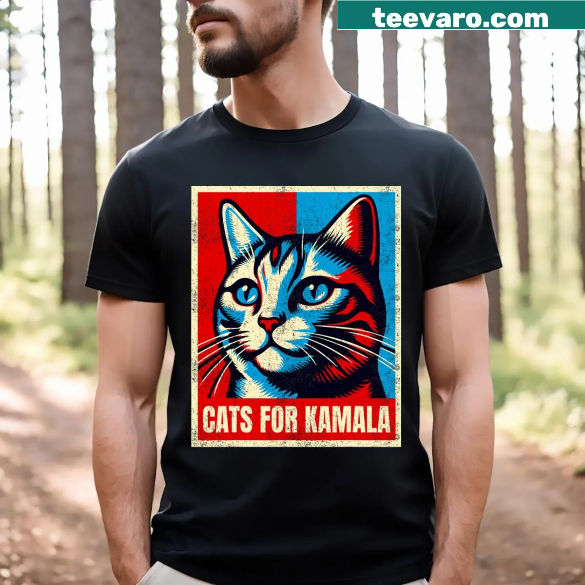 Bold typography for childless cat lady supporting Kamala Harris — on a men's t-shirt