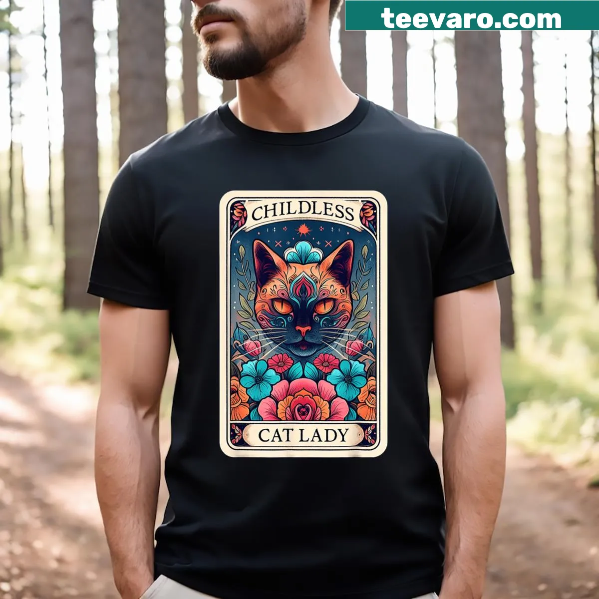 Tarot card design featuring a childless cat lady on T-shirt — on a men's t-shirt