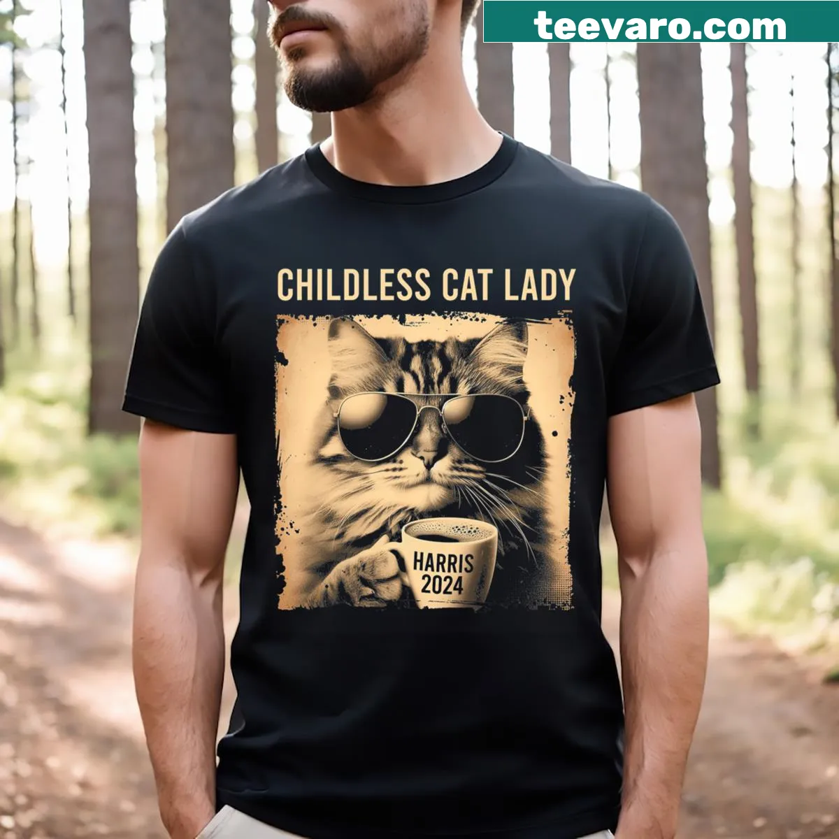 Vintage-style T-shirt for childless cat ladies with coffee theme — on a men's t-shirt