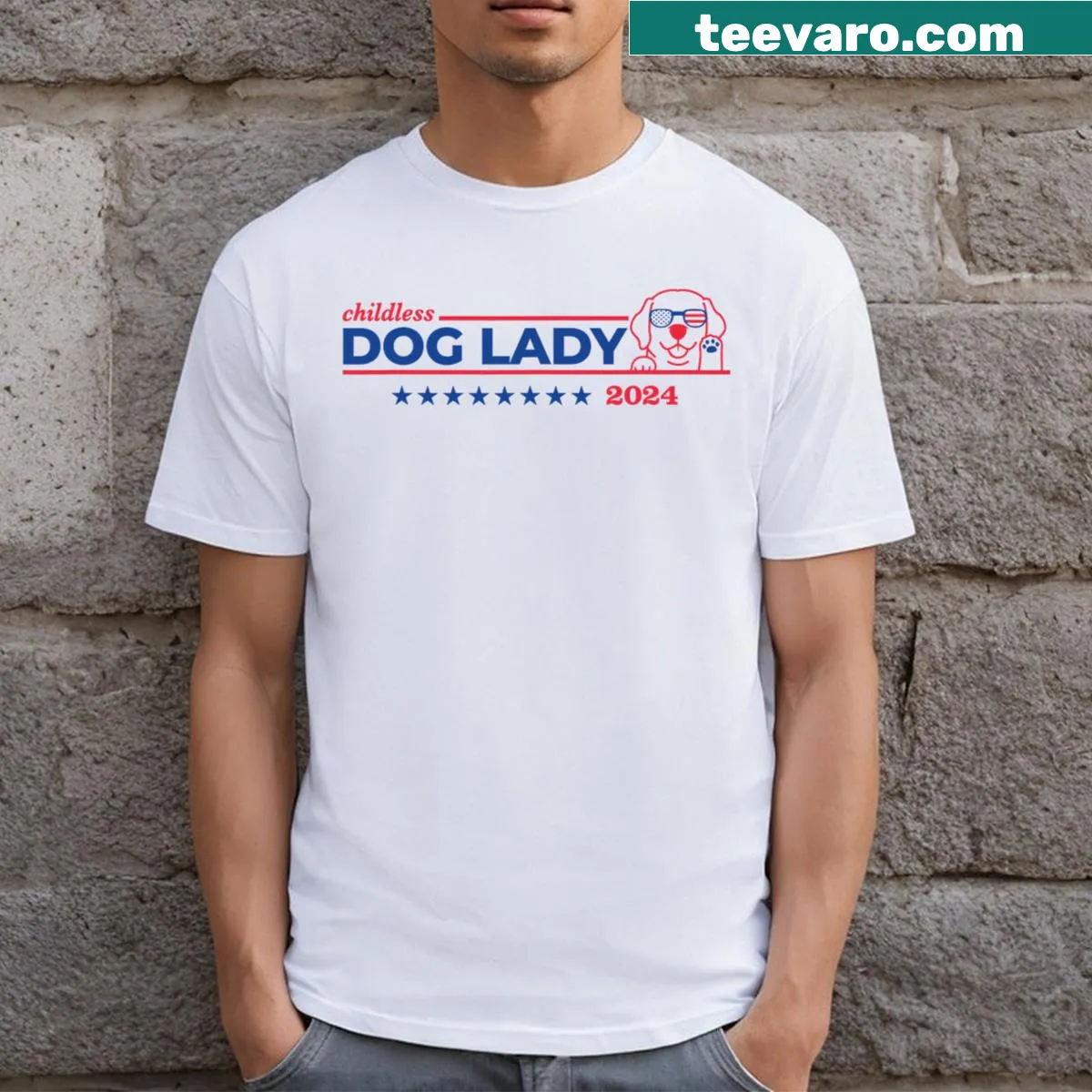Bold typography for childless dog lady voting in 2024 election — on a men's t-shirt