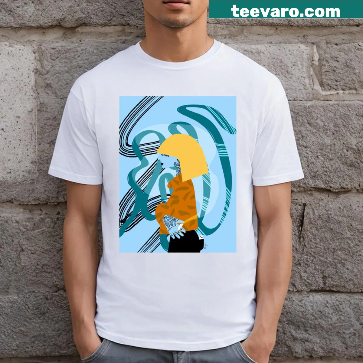 Playful design representing urban life on T-shirt — on a men's t-shirt