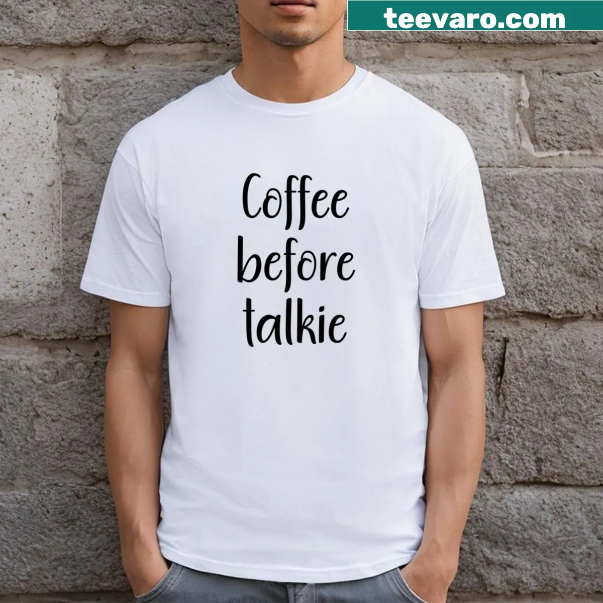 Typography T-shirt with 'Coffee Before Talkie' text — on a men's t-shirt
