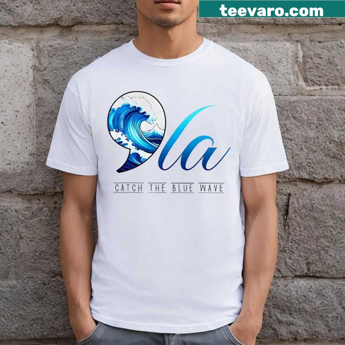 Playful T-shirt with blue wave graphic — on a men's t-shirt